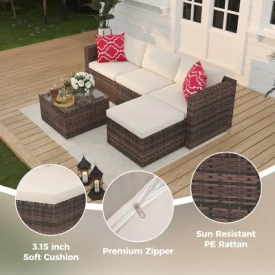 homfan 5 Pieces Patio Furniture Set, Rattan Outdoor Patio Furniture Sofa Set with Anti-Slip Cushions, All-Weather Wicker Sectional Sofa image {3}