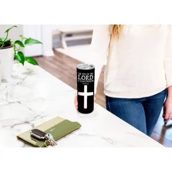 The Joy of the Lord Is Your Strength Nehemiah 8:10 Cross Black 20 ounce Stainless Steel Travel Tumbler with Lid For Your On The Go Beverages image {3}