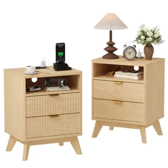 Modern Bedroom Nightstand With 2 Drawers, Wooden Sofa Side Table with Storage, Accent Bedside Table for Small Space, Narrow End Table image {10}