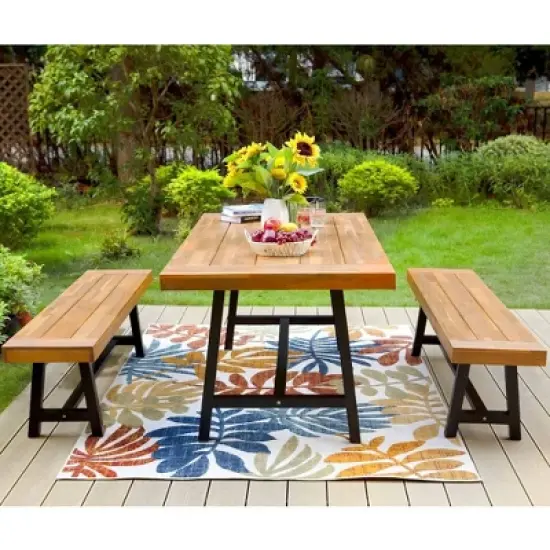 3pc Acacia Patio Dining Set with 2 Benches - Teak - Captiva Designs image {2}