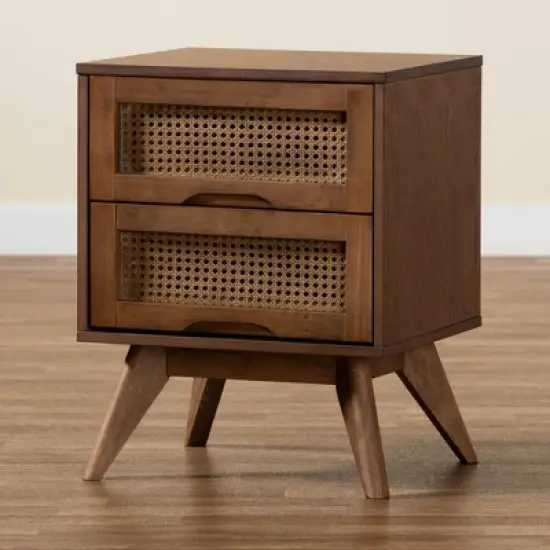 Barrett Wood and Synthetic Rattan 2 Drawer Nightstand Walnut Brown - Baxton Studio image {8}