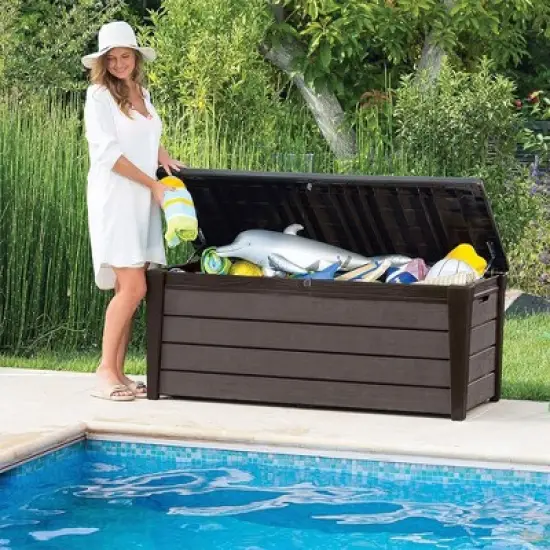 Keter Brushwood 120 Gallon Outdoor Deck Storage Box, Lockable Patio and Garden Furniture Container for Yard Tools and Pool Accessories, Brown image {3}