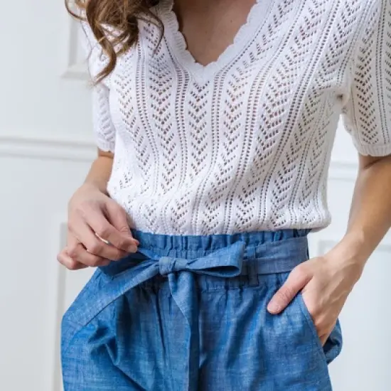 Hope & Henry Womens' Organic Cotton Short Sleeve V-Neck Pointelle Sweater Top image {1}