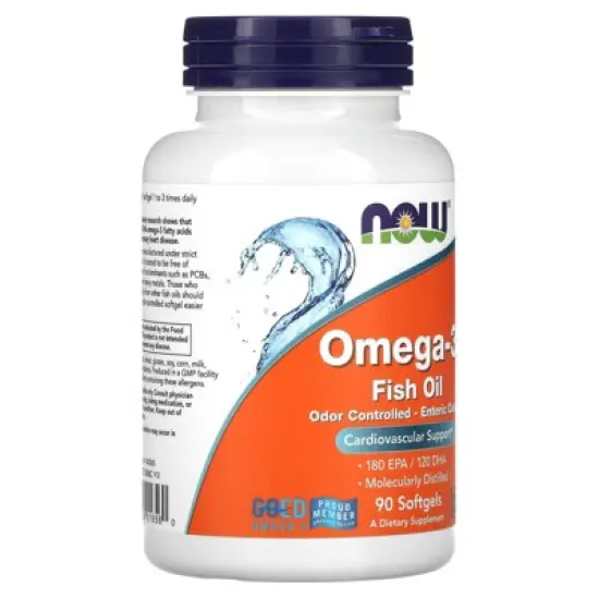NOW Foods Omega-3 Fish Oil, 1000 mg, 180 EPA - 120 DHA, Odor Controlled, Enteric Coated, 90 Softgels image {3}