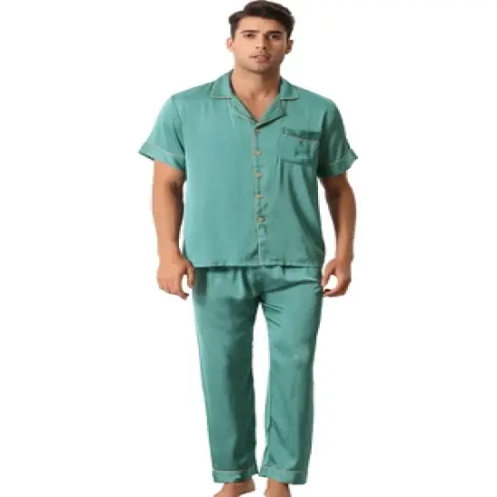 cheibear Men's Satin Sleepwear Short Sleeve Button Down T-Shirt with Pants Couple Pajama Set image {6}