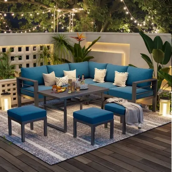 XINGHANZHENXUAN Grey 7-Piece Aluminum Patio Dining Set with Table, Rust-Free, Comfortable Cushions and Backrests image {6}