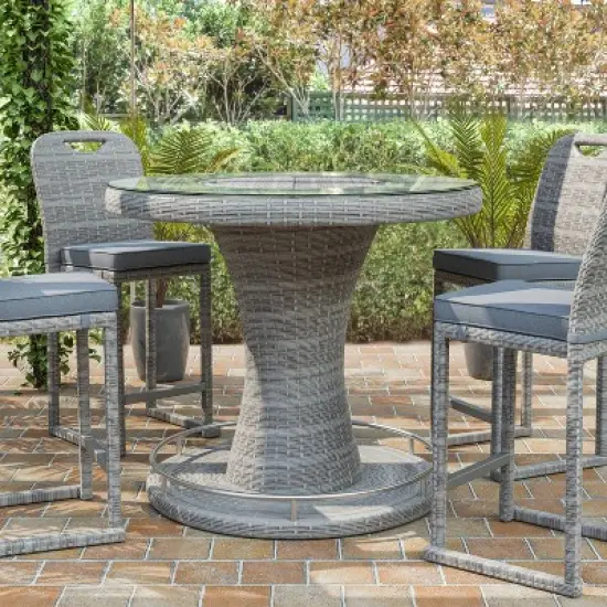 Greemotion 46" Cyprus Round Outdoor Bar Height Table with Glass Top & Ice Bucket Insert Gray: Aluminum Frame, UV-Resistant image {1}