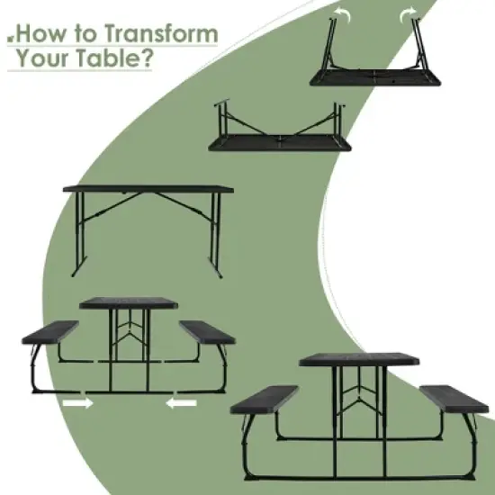 Costway Folding Picnic Table & Bench Set for Camping BBQ w/ Steel Frame White/Balck image {5}