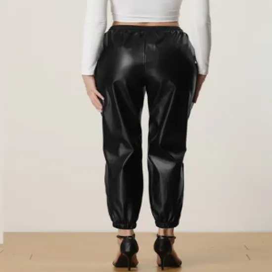 Allegra K Faux Leather Pants for Women's Drawstring High Waist Joggers Casual Tapered Trousers image {3}