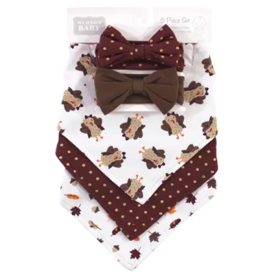 Hudson Baby Infant Girl Cotton Bib and Headband Set 5pk, Girl Turkey, One Size image {1}