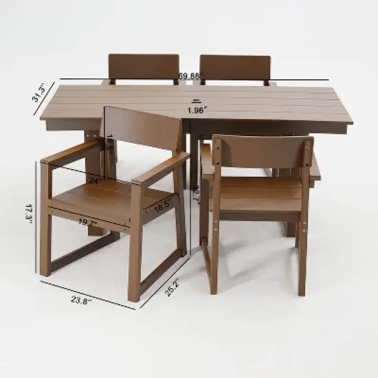 FIONECA 5-Piece HDPE Outdoor Dining Set with Umbrella Hole &uml;C Weather-Resistant Patio Table & 4 Armrest Chairs, Brown image {2}