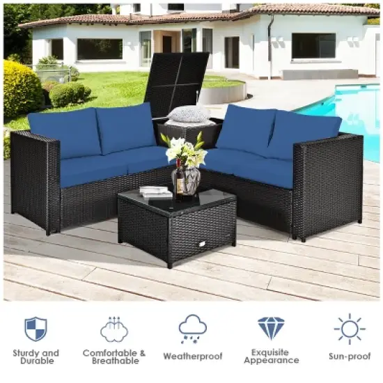 Tangkula Outdoor Rattan Sectional Loveseat Couch Conversation Sofa Set with Storage Box &Coffee Table Red/Navy/Turquoise image {2}