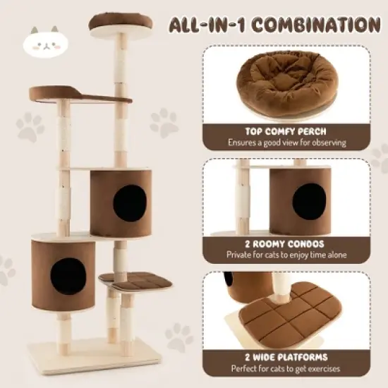 Costway 75'' Multi-layer Wooden Cat Tree Indoor Tower Activity Play Center with 2 Condos image {7}