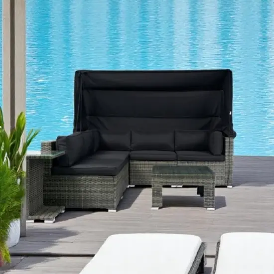 7-Piece Outdoor Patio Furniture Set with Retractable Canopy,Wicker Rattan Sectional Sofa with Washable Cushions for Lawn,Garden, Backyard, or Poolside image {5}