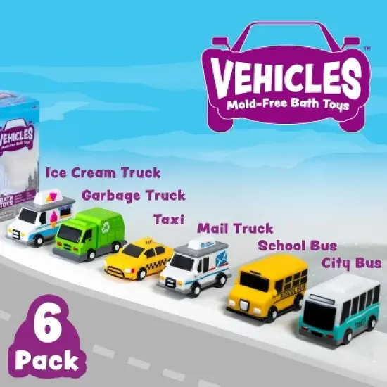 Tub Works Vehicles Bath Cars Mold Free Bath Toys, 6 Pack image {8}