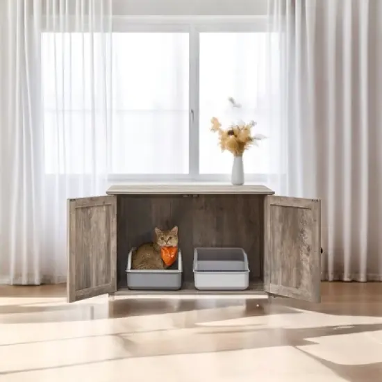 Heather Greige Cat Litter Box Enclosure. Doubles as indoor cat house & end table. Hidden design, sized 27.6 x 19.7 x 19.7 inches. image {6}