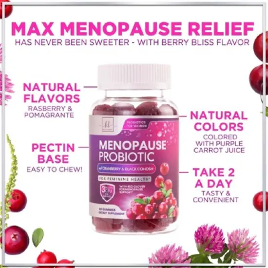 Menopause Supplements for Women Gummies with Black Cohosh, Cranberry 3 Billion CFU Probiotics - 60 Gummies By Hello Lovely! image {6}