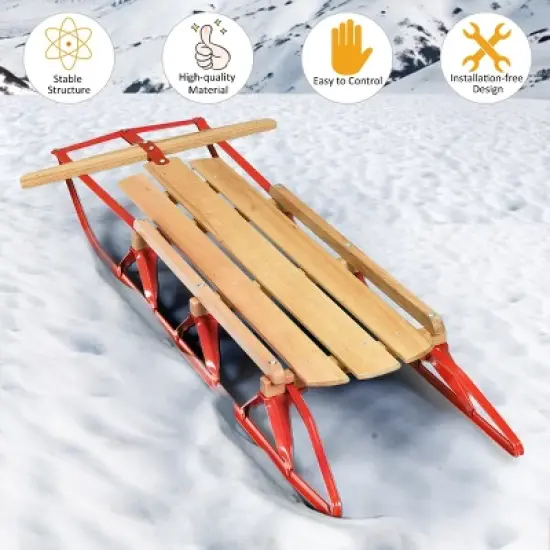 Costway 54''Kids Wooden Snow Sled Runners Steering Bar Steering Snow Slider image {4}