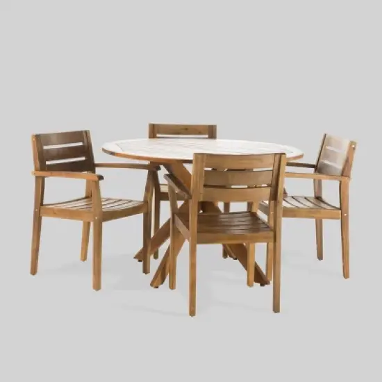 Stamford 5pc Acacia Wood Round Dining Set Teak - Christopher Knight Home image {1}