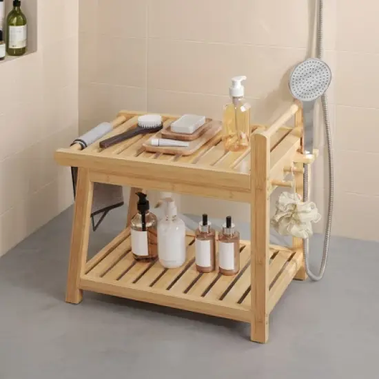 SONGMICS Bamboo Shower Bench with Storage Shelf, Water Resistant Shower Stool with Handle and Hooks, Shower Head Holder, Non-Slip Feet, Natural Beige image {7}
