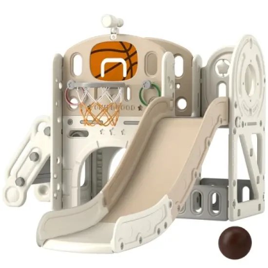 INFURNIC Baby Activity Gyms, Toddler Slide Playset with Basketball Hoop and Telescope, Indoor Playground for Kids, Beige, 60.2"*73.2"*43.7" image {5}