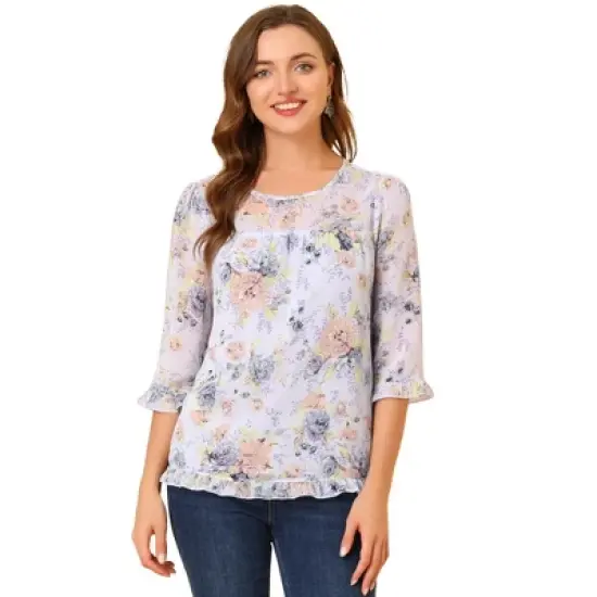 Allegra K Women's Casual Round Neck Ruffle 3/4 Sleeve Floral Print Chiffon Blouse image {20}