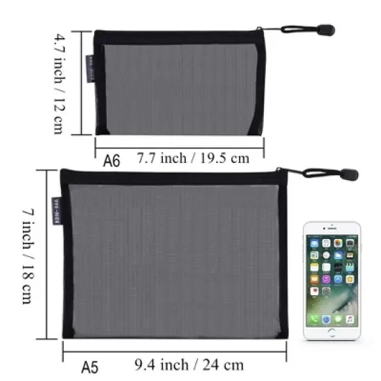 Itopfox 6-Piece Nylon Mesh Cosmetic Zipper Bags Set, Black Travel Organizer Pouches for Makeup, Diaper Bag (A5 & A6 Sizes) image {3}