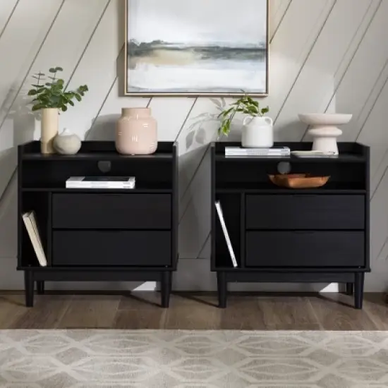 2pk Mid-Century Modern Solid Wood 2 Drawer Storage Nightstands - Saracina Home image {6}