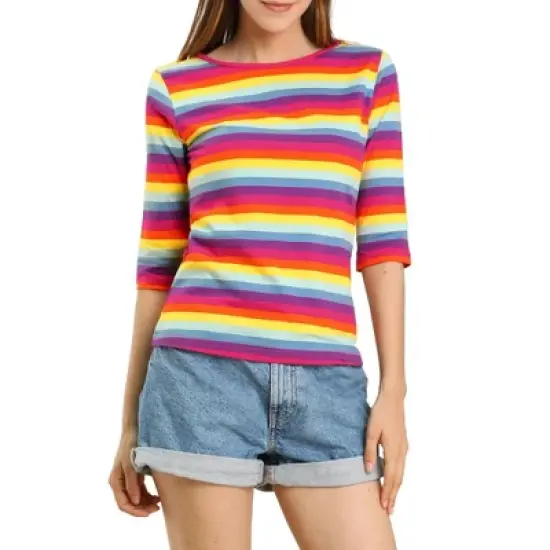 Allegra K Women's Elbow Sleeves Round Neck Slim Fit Casual Printed T-Shirt image {12}