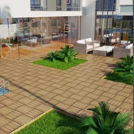 Patio Floor Tiles Pack of 11, WPC Wood-Plastic Composite, DIY Interlocking, Quick Deck, Water Resistant Indoor Outdoor - 11.8" 3D TEAK image {8}