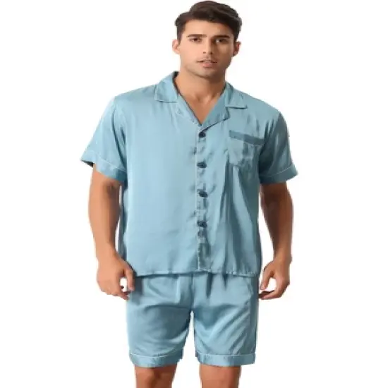 cheibear Men Satin Button Down Pajama Sets Short Sleeve Shirt and Shorts Sleepwear image {6}