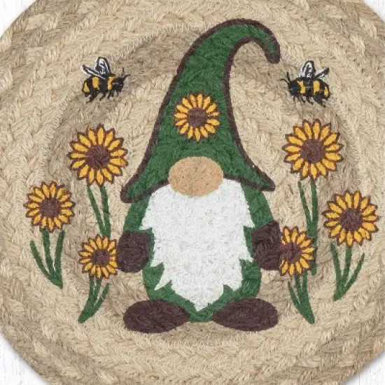 Earth Rugs Whimsical Garden Jute Trivet &ndash; 10" Round Braided Mat with Sunflower Gnome Design image {2}