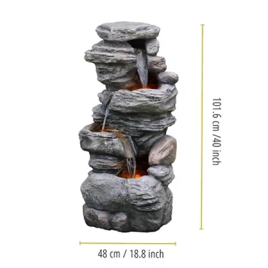 Teamson Home 39.37" Outdoor Faux Stone 4-Tier Water Fountain with LED, Gray image {5}