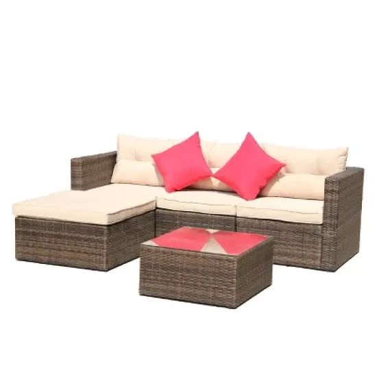5pc Wicker Patio Sectional Seating Set with Shallow Cushions - Brown - GODEER image {6}