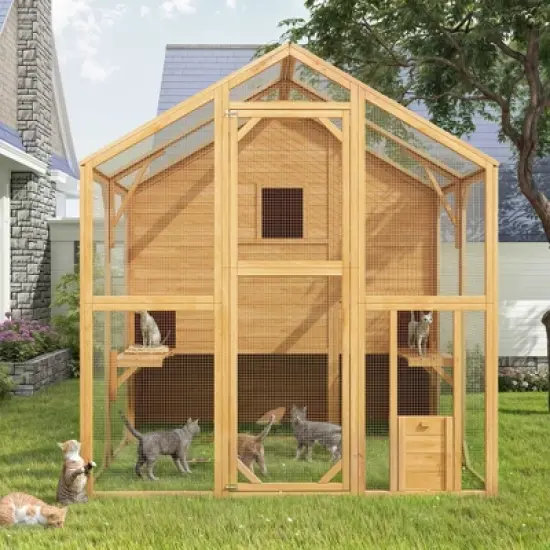 FUFU&GAGA Large Wooden Cattery Cat Enclosure Cat House with Multi - Level Space - Outdoor/Indoor Cat House with Secure Mesh image {1}
