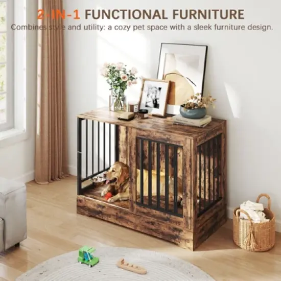 SUGIFT 2-in-1 47in Wooden Dog Crate Furniture for Large Dogs, Heavy-Duty Kennel with Double Doors, Stylish End Table Design image {4}