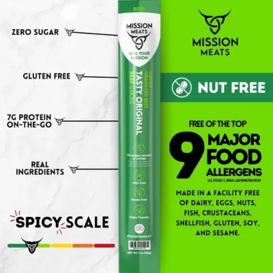Mission Meats Beef Sticks &ndash; 100% Grass Fed & Pasture Raised, Sugar Free, Individually Wrapped Healthy Snacks, Whole 30 & Paleo, Original 1oz (12ct) image {1}