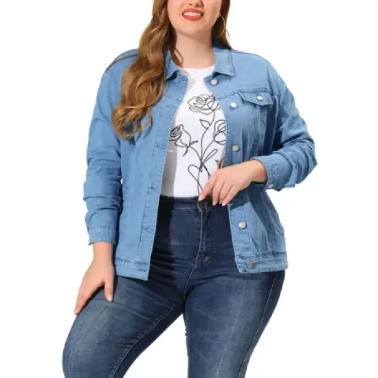 Agnes Orinda Women's Plus Size Outerwear Button Front Washed Denim Jean Jacket image {18}