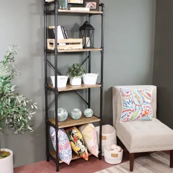 Sunnydaze 5 Shelf Industrial Style Pipe Frame Freestanding Bookshelf with Wood Veneer Shelves image {5}