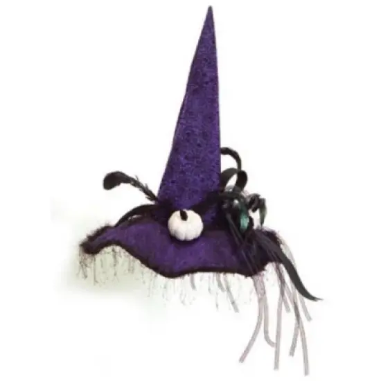 Melrose 22" Witch Hat with Pumpkins, Feathers and Lace Halloween Deoration - Purple/Black image {1}