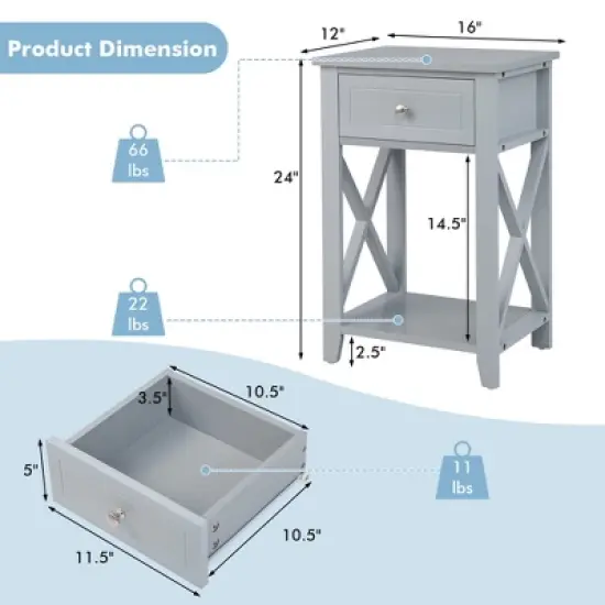 Costway Bedside Sofa End Table Nightstand with  Drawer for Living Room Bedroom Grey/Black/White image {3}