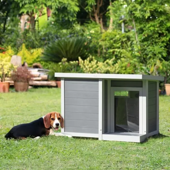 PawHut Dog House Outdoor, Cabin Style Pet Home Cottage, Weather Resistant, with Raised Feet, Terrace, Openable Top, for Medium Sized Dog image {2}
