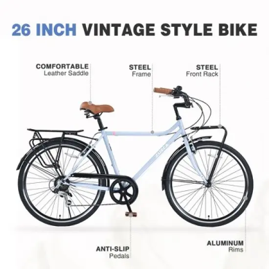 Gulches 26-Inch Light Blue Retro Bicycles with 7-Speed Gears - Unisex Vintage Commuter Bike image {3}