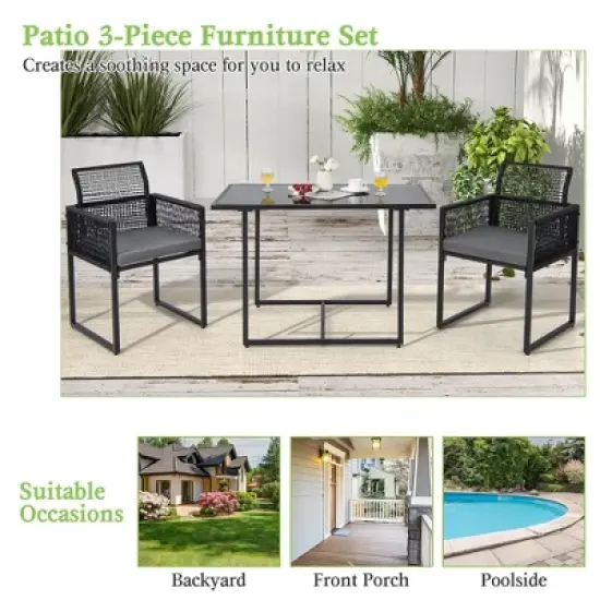 Costway 3PCS Patio PE Wicker Furniture Set Cushioned Chairs with Folding Backrest Backyard image {4}