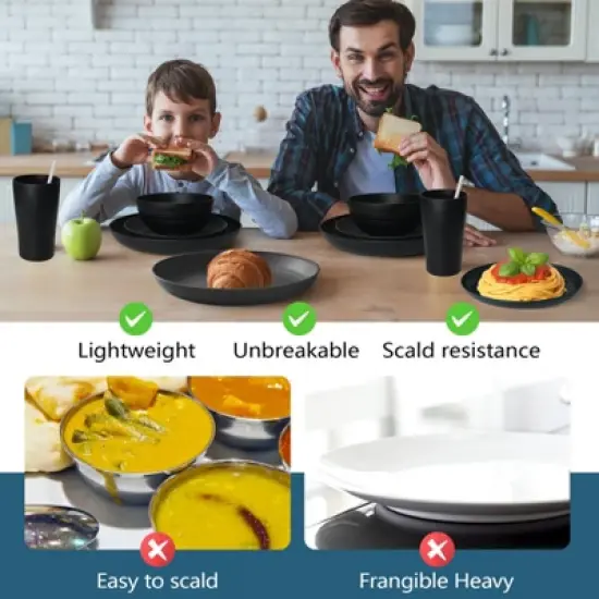 Itopfox 80-Piece Kitchen Plastic Wheat Straw Dinnerware Set, Includes Plates, Cups & Flatware, Dishwasher Safe, Unbreakable for Outdoor Use, Black image {3}