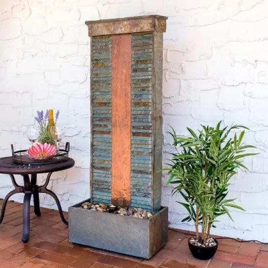Sunnydaze 48"H Electric Natural Slate with Copper Accents Rippled Column Outdoor Water Fountain with LED Spotlight image {1}