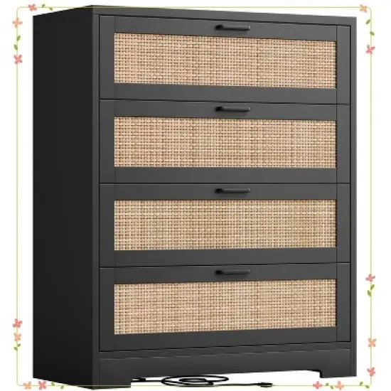4 Drawer Dresser for Bedroom, Rattan Chest of Dressers, Modern Wood Tall Dresser with Power Outlets image {7}