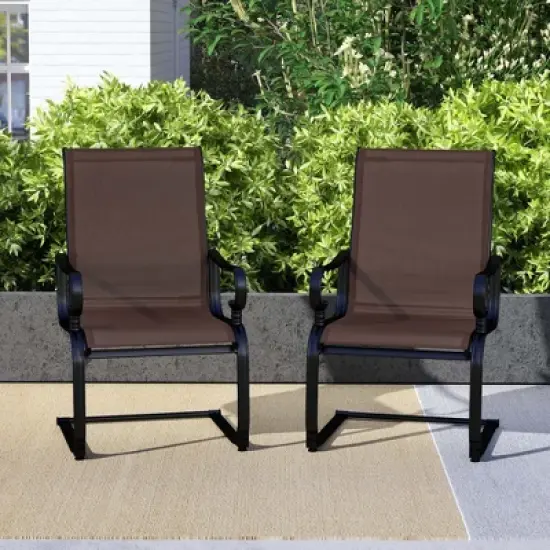 Costway Set of 2 Patio Chairs C-Spring Motion Chairs with Quick-drying & Breathable Fabric Brown/Gray image {3}