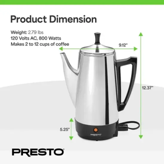Presto Stainless Steel Coffee Maker, 12 Cup Robust Percolator Coffee Machine for Kitchens with Filter Basket and Signal Light, Silver image {3}