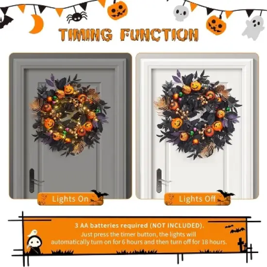 Halloween Wreath for Front Door, 20 Inch Pumpkin Wreaths with 20 LED Lights Ball Ornaments Berries, Pre Lit Halloween Decorations for Indoor Outdoor image {4}